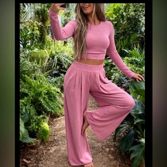 Pink set Women's crop top and Wide-Leg Pants - Picture 1 of 7